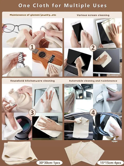 Collage showing Natural Chamois Lens Cleaning Cloth for Glasses Cameras Screens Scratchless used on lenses, screens, jewelry, and cars.