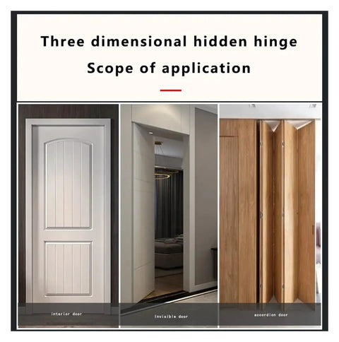 Three interior doors showing Invisible Ball Bearing Door Hinge With 180 Degree Opening, Hidden Folding, Three-Dimensional Adjustable Cross Hinge, Black Finish, Quiet Smooth Operation, Cold Rolled Steel Construction, Built-In Dampers For Safe, Quiet Closures application
