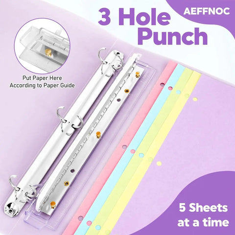 Portable 3 Hole Puncher With Built In 10 Inch Ruler For Binders 5 Sheet Capacity Three Ring Paper Punch School And Office Tool