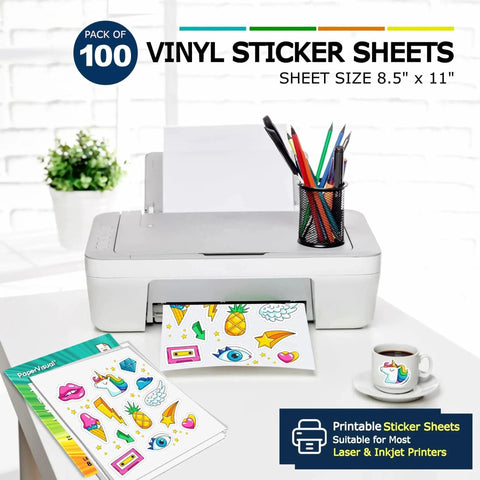 Printable Vinyl Sticker Paper For Inkjet And Laser Printers Waterproof Matte 8.5 By 11 Sheets in printer on desk