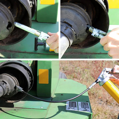 LockNLube Grease Gun Coupler XL, universal fit, metal connector on a yellow grease gun