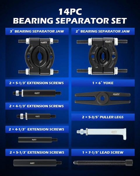 14-piece 5 Ton Bearing Puller Set with 2 and 3 inch jaws and separator tools displayed on blue background