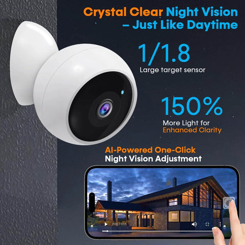 Side view of 2 Pack Wireless Outdoor Security Cameras With Magnetic Mounts No Drill Setup Hassle Free Indoor Use Smart 2K WiFi Long Battery Life AI Motion Detection For Home Security, showing night vision capability and smartphone app interface.
