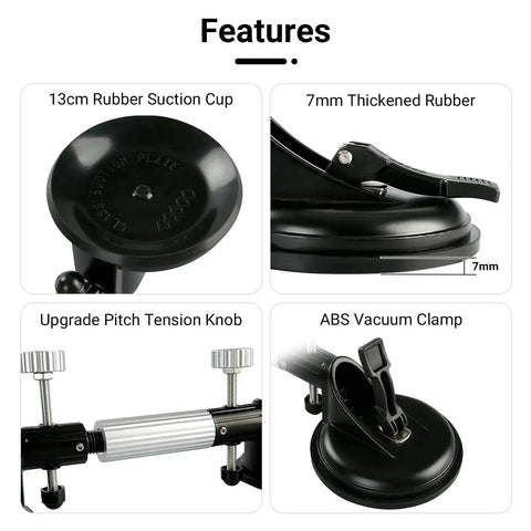 Four close-up views of Countertop Alignment Clamps With Adjustable Vacuum For Granite Marble Slabs, showing suction cups and tension knobs.