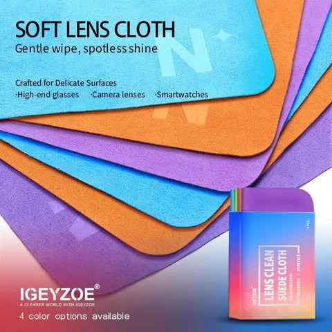 Four colorful microfiber cloths stacked for cleaning lenses, featuring "Eight Pack Microfiber Lens Cleaning Cloths For Glasses Screens Cameras VR AR."