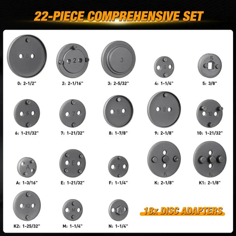 Front view of a 22-piece disc brake caliper piston tool set with gray circular adapters for brake pad replacement