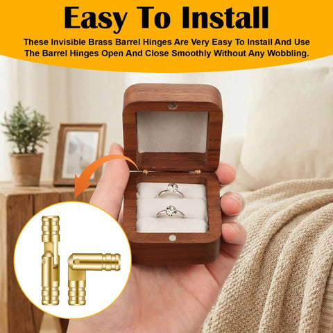 30 Pack Brass Barrel Hinges Set for Jewelry Boxes and Small Woodworking Projects, wood box with open lid showing hinges