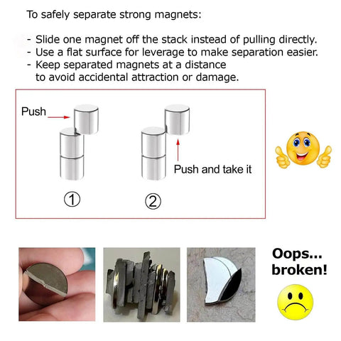 Illustrated guide on safely separating Go To Tiny Cylinder Rod Magnets 3x6mm Neodymium Rare Earth Magnets from a stack.