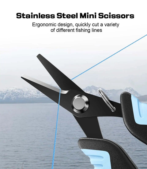 Stainless steel mini scissors cutting fishing line, part of All In One Fishing Tool Kit With Pliers Fillet Knife Scissors Lip Gripper Ruler And Braided Line Scissors For Saltwater Fly Ice Fishing Gifts For Men Sidomma Pro Gear.