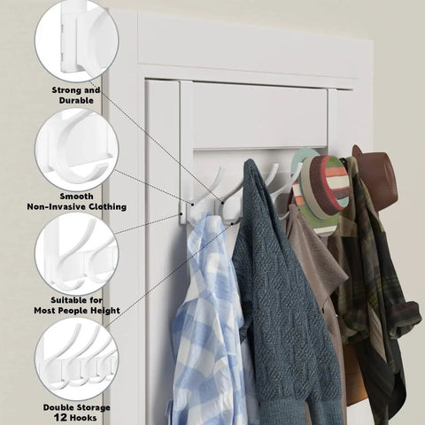 Over The Door Hooks 12 Hooks Heavy Duty Metal Hanger For Towels And Coats holding clothes on a door installed view