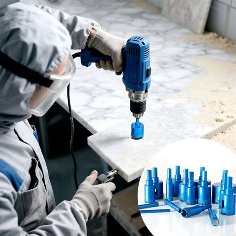 Worker using Pro Grade Diamond Tile Drill Bit Set 16 Pc Kit For Porcelain Glass Ceramic Stone Granite Marble Dry And Wet Dual Use