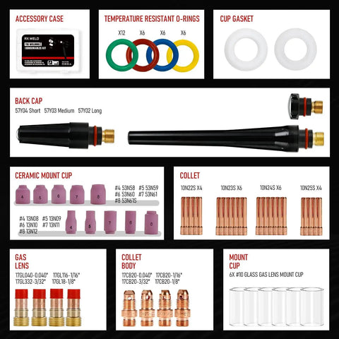 79 Piece TIG Welding Torch Accessories Kit With Stubby Gas Lens Cups No 10 No 12 For WP 17 18 26 displayed with parts