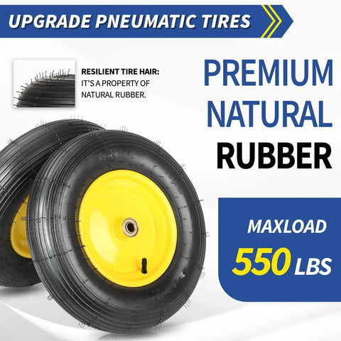 Two Pack 16 Inch Wheelbarrow Tire And Wheel With 4.80 4.00 8 Size Pneumatic Wheel Centered Hub 3 To 6 Inches And Five Eighths Inch And Three Quarters Inch Bearings For Hand Trucks Trolleys Garden Carts And Wagons Explorer Series, showing a close-up of rubber tires with yellow hubs.