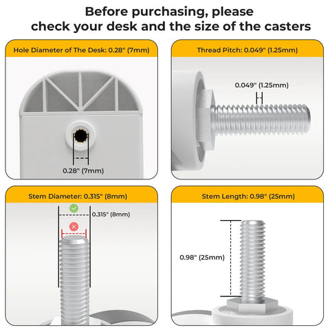 Detailed size specifications for Lockable Stem Caster Wheels Set Of 4, 2.5 Inch White Swivel Casters with M8 Metric Threads.