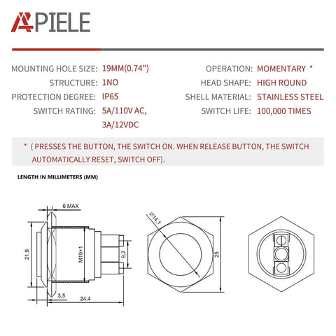 19mm Momentary Push Button Switch Waterproof Stainless Steel High Round Cap With High Flush Screw Terminals specifications chart