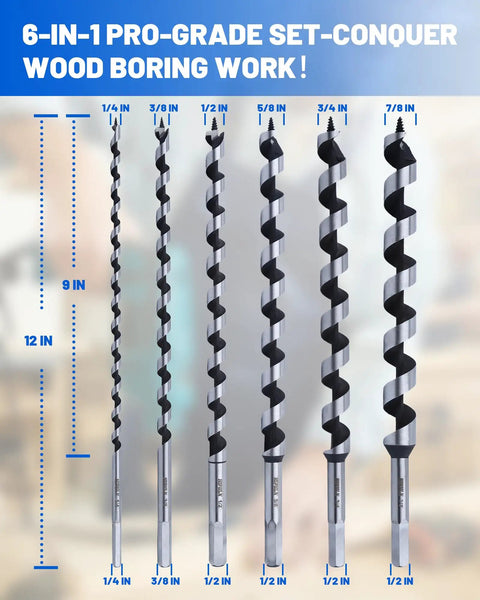 Front view of Long 12 Inch Auger Drill Bit Set For Wood With Self Feeding Screw Tip 6 Piece Kit Ranging From One Quarter Inch To Seven Eighths Inch For Fast Boring In Hardwood Softwood Plastic Drywall And Other Composite Materials