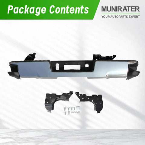 Chrome Rear Bumper For 2014-2018 Silverado Sierra 1500 Without Park Assist Holes shown with brackets and bolts
