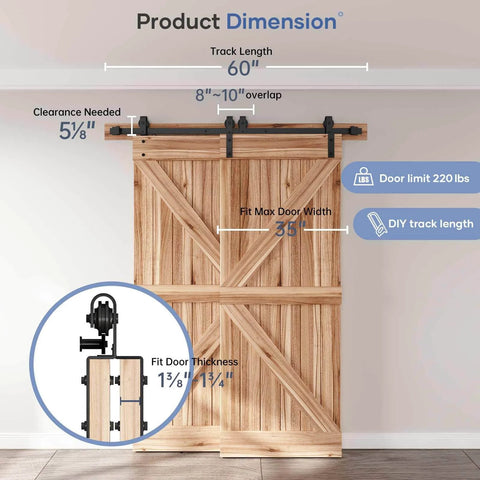 Effortless 5 Ft Bypass Double Sliding Barn Door Hardware Kit With Single Track That Slides Like Butter Quiet Ball Bearing Rollers Easy Install For 35 Inch Wide Double Doors Durable Aluminum Black Powder Coat Finish installed view