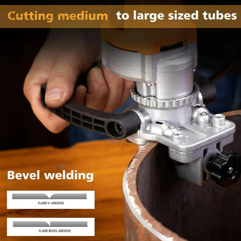 Powerful 850W Handheld Chamfer Tool For Trimming Beveling And Deburring, PT-100 shown beveling a pipe edge, focus on handle.