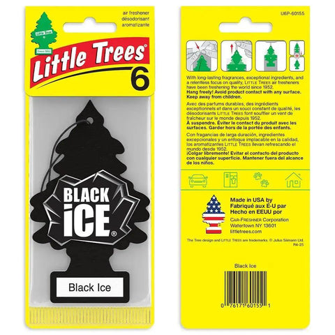 Front and back packaging of a Hanging Car Air Freshener Black Ice Scent for Auto and Home 24 Pack, showing product details.