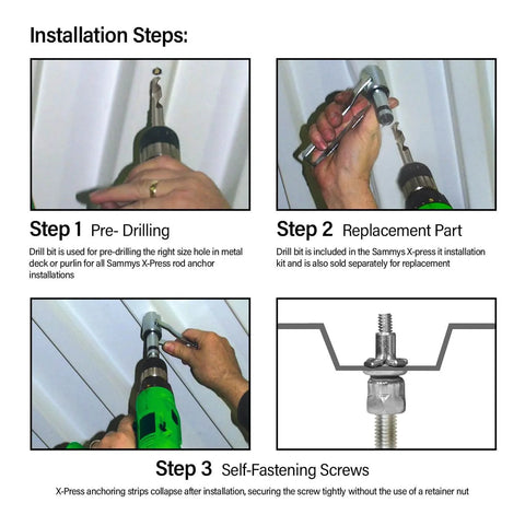 Installation steps for Sammys 8153922 XP Three Eighths Inch Screw Vertical Expandable Threaded Rod Anchor for pipe hangers and purlins.