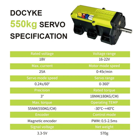 DOCYKE 550kg high-torque RC servo motor with full metal gears, green-yellow housing and output shaft