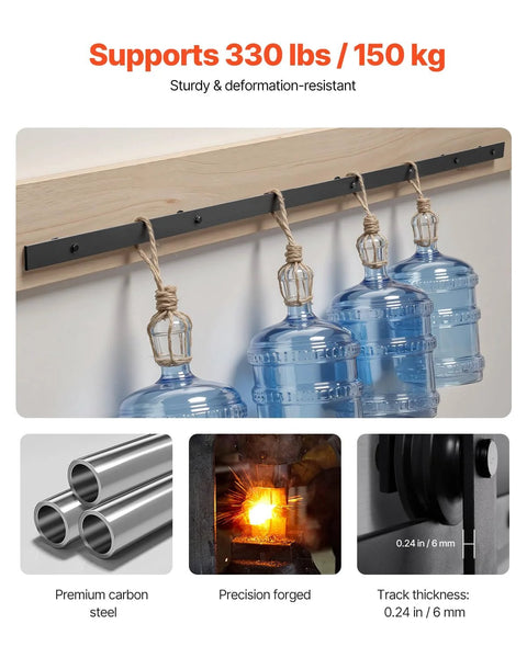 10 Foot Sliding Barn Door Hardware Kit For 60 Inch Wide Doors, 330 Lbs Capacity demonstrated with water jugs hanging on the track.