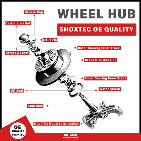 Exploded view of a wheel hub assembly, labeled components include grease cap, castellated nut, thrust washer, stub axle.