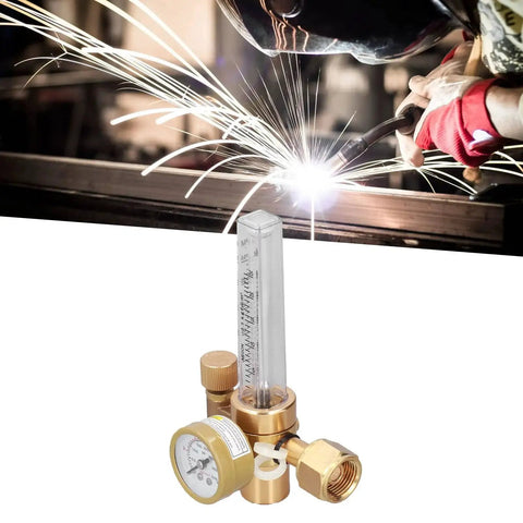 CO2 Welding Gas Regulator With Flowmeter Brass Body For MIG Welding, Adjustable Flow, shown with sparks in background