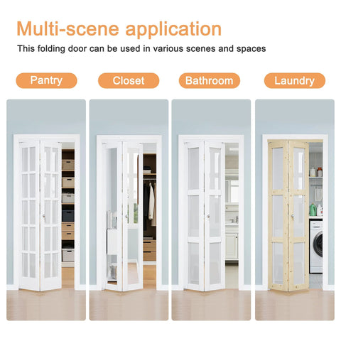Multi-scene application for ready to install bifold closet door set for 64x80 openings with 3 lite tempered frosted glass panels