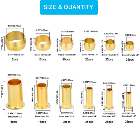 Brass Compression Fittings Kit With Six Sizes Assortment One Eighth To One Half Inch Includes Sleeves Ferrules And Inserts