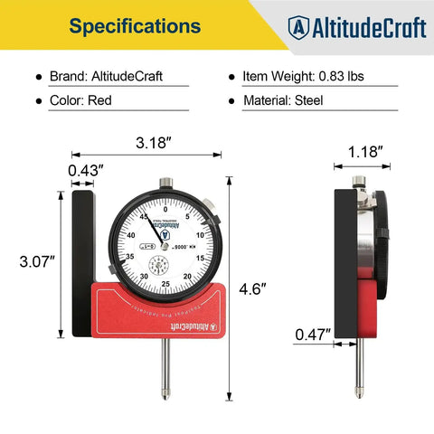 Dial Indicator Lathe Tool Post Holder With.0005 Inch Precision showing dimensions and specifications in red and steel
