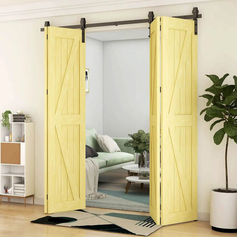 Beefed Up 96 Inch Bi Folding Sliding Barn Door Hardware Kit For Four Doors Up To 23 Inches Wide Each Heavy Duty 8 Foot Track System With Silent Nylon Rollers Smooth Quiet Operation Easy To Install Black Finish installed in living room.