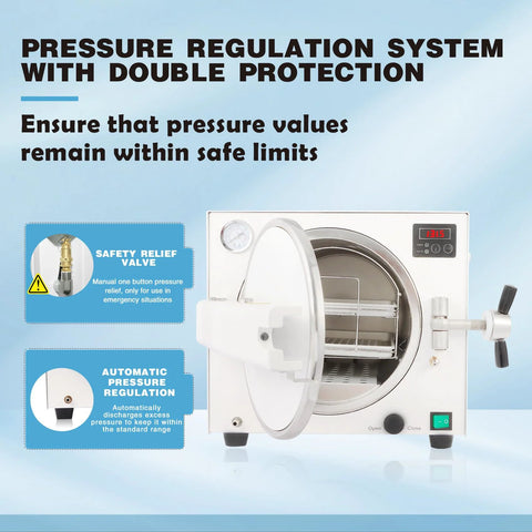 18L lab autoclave front view with open door, stainless steel body, LED display and pressure gauge