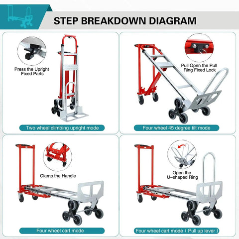 Step breakdown diagram of 3 In 1 Convertible Aluminum Hand Truck Dolly With 1000 Lbs Capacity, showcasing upright, tilt, and cart modes.