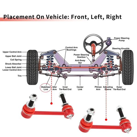 Front view illustration of two red X AUTOHAUX front stabilizer sway bar links for Toyota Tacoma 2005–2017 suspension kit
