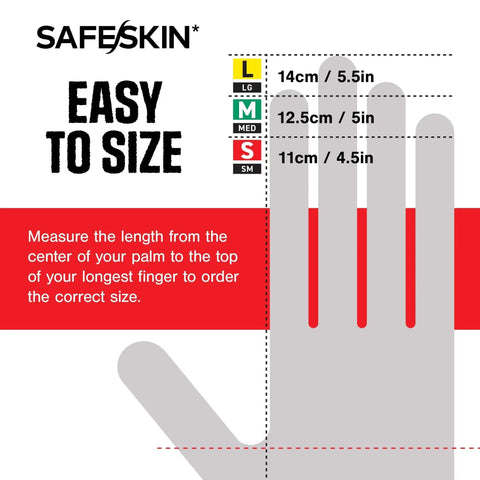 Size chart for Nitrile Exam Gloves Powder Free 3.5 Mil Disposable 400 Count Medical Dental showing measurements for L, M, S sizes.