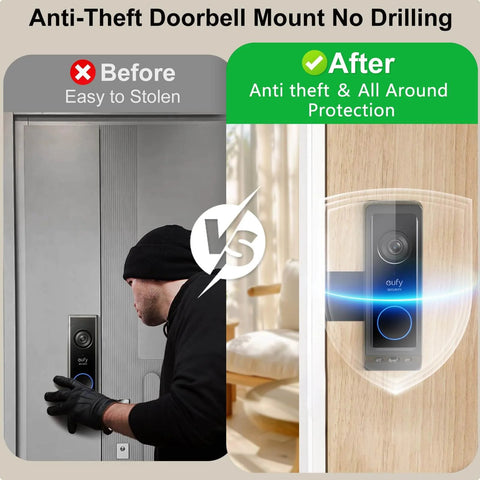 Before and after comparison of No Drill Anti Theft Doorbell Mount For E340 And Wyze Duo Cam on door