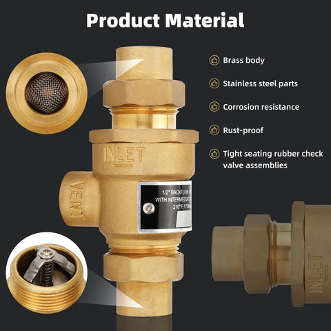 Brass backflow preventer dual check valve, 1/2 in, with intermediate atmospheric vent and female union inlet/outlet