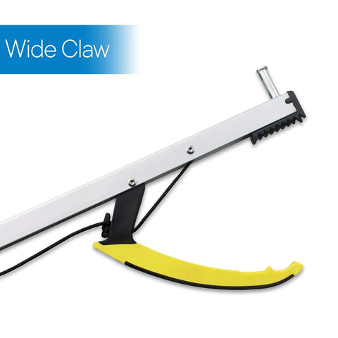 Close-up of a folding 26 inch grabber reacher with ergonomic handle for daily living aids, showing wide claw feature.