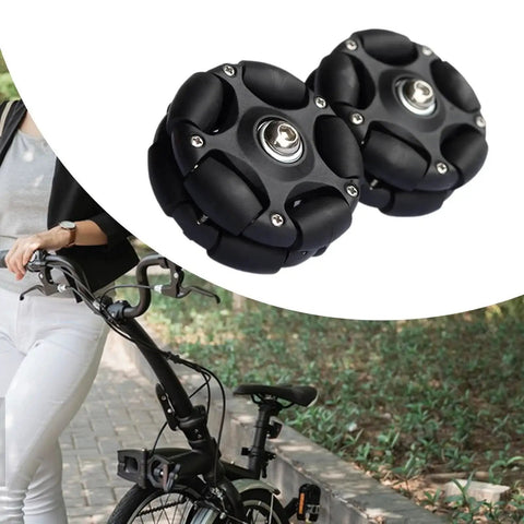 Omni Directional 58mm Folding Bicycle Rear Wheel Set With Roller Wheels on folding bike, shown in black with nylon material.