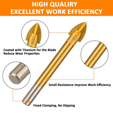 10 Piece One Quarter Inch Masonry Drill Bit Set Titanium Coated Carbide, close-up showing spear point and titanium coating.