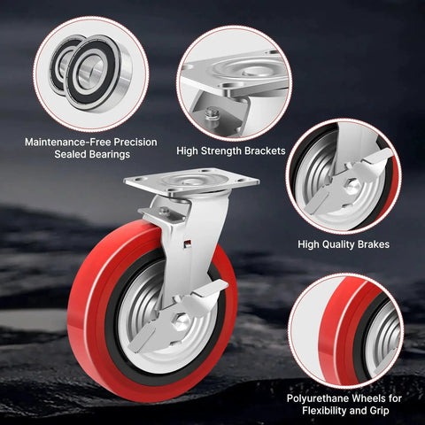 8 Inch Heavy Duty Industrial Caster Wheels Set Of 4 With Dual Ball Bearings Solid Polyurethane Wheels 6000 LB Capacity Plate Swivel Casters