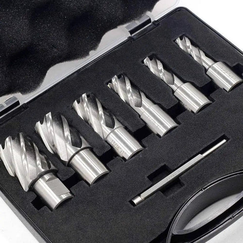 7 Piece Annular Cutter Set With Weldon Shank For Magnetic Drill Press Beefy Hole Cutter Kit, 1 Inch Cutting Depth, Diameters From 0.5 To 1.0625 Inch, 2 Flats, HSS Mag Drill Bits, Includes Pilot Pin Oscarbide in case