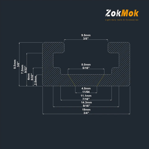 Diagram of T-track dimensions for Four Piece 48 Inch Aluminum T Track Set With Screws Predrilled Holes Universal T Slot