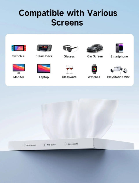 50 Pack Microfiber Cleaning Cloths 6x6 Inches Safe For Lenses Screens Devices displayed with compatible electronics and items.