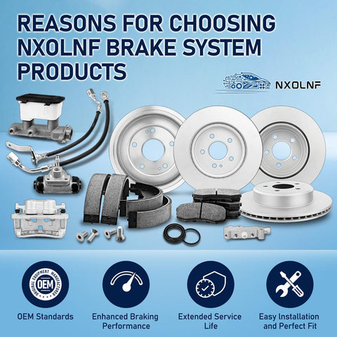 Various NXOLNF brake system components including discs, pads, and calipers in front of brand marketing text.
