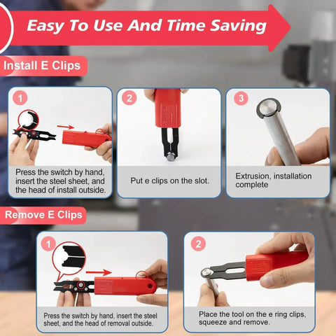 Pro Grade Clip Assortment Kit With Removal And Installation Tool 350 Pcs demonstrated installation and removal steps for E-clips