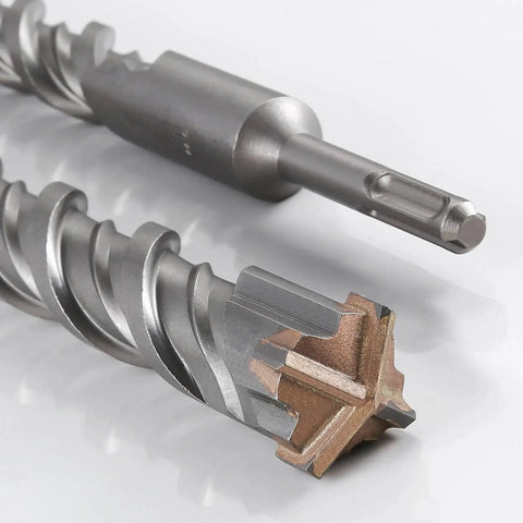 Close-up of a carbide bit from the Five Piece Wensilon Concrete Drill Bit Set For Masonry Pros Three Eighths Inch To Four Inch Cross Type Double Thread Carbide Bits For Concrete Brick Cement Walls And Stone Hammer Drill Applications.