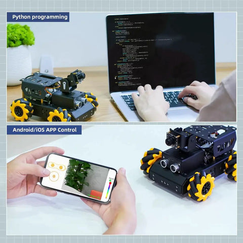 Raspberry Pi 5 AI Vision Robot Car Kit With Mecanum Wheels 2DOF HD Camera, shown with Python programming and mobile app control.